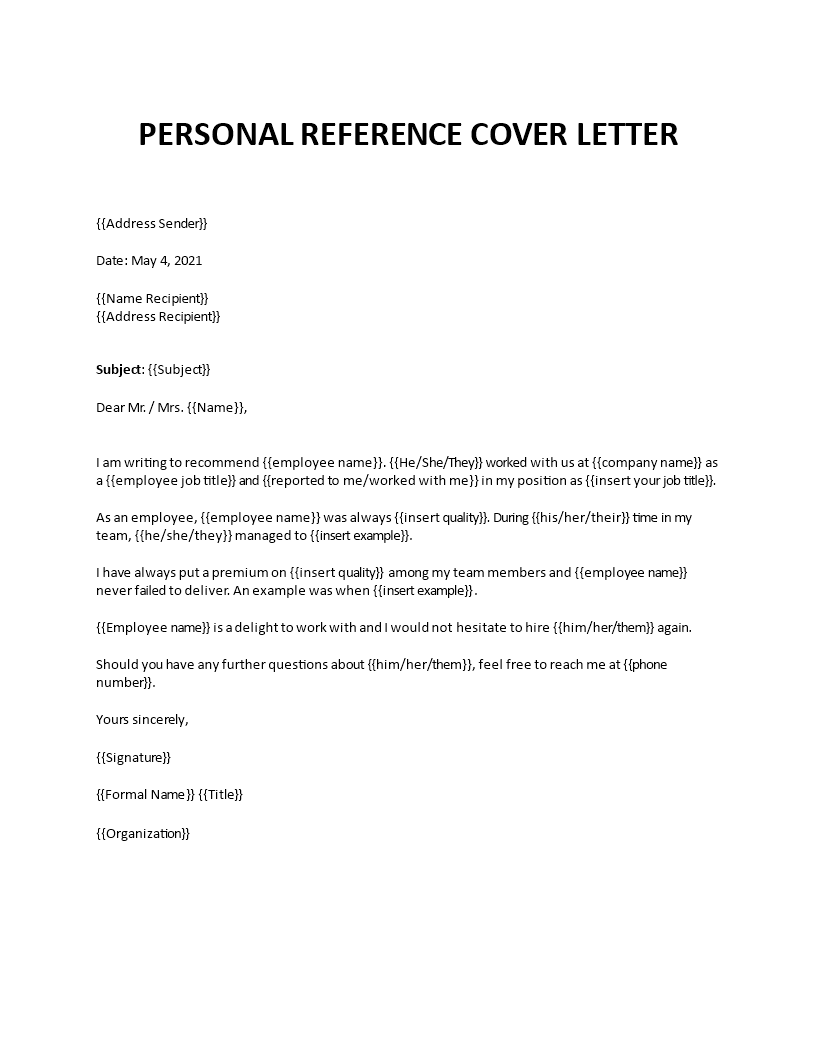 personal reference cover letter
