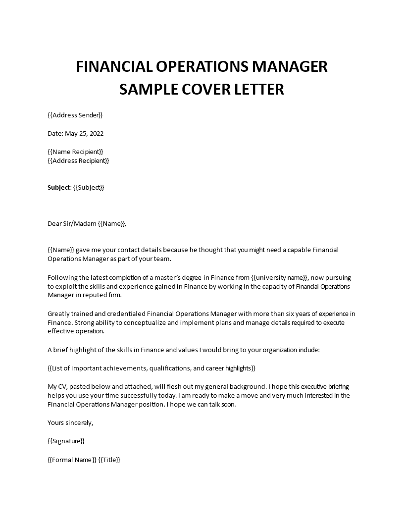 financial operations manager sample cover letter template