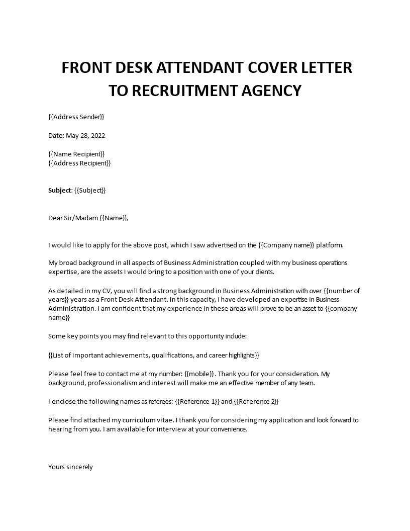 front desk cover letter Main Image front desk cover letter