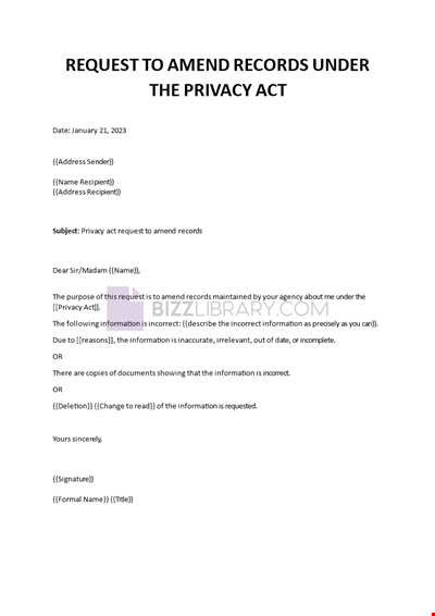 Privacy Act Request Letter to Amend Records