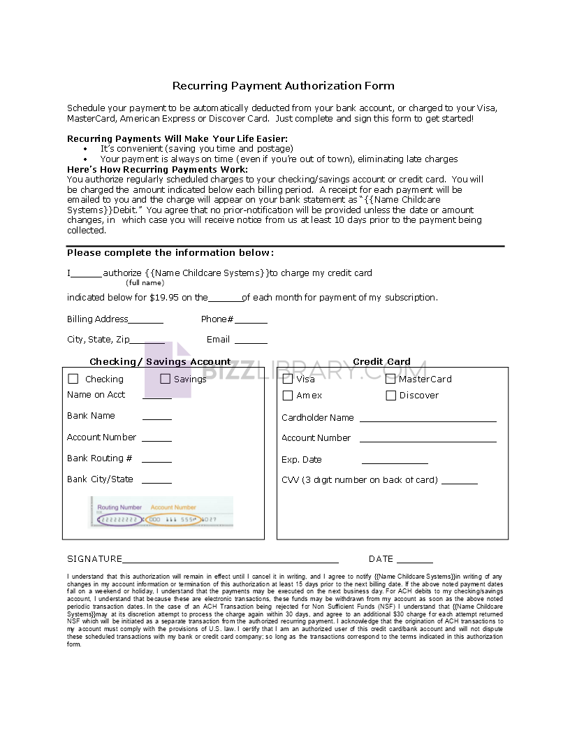 recurring payment credit card authorization form sample