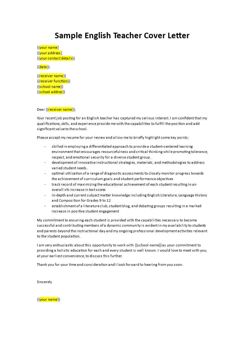 job application letter in english for teacher