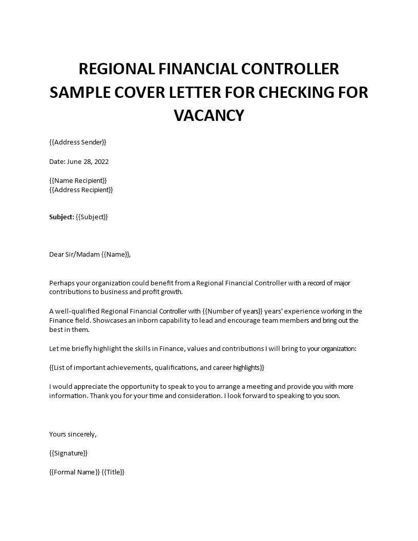 regional financial controller cover letter template