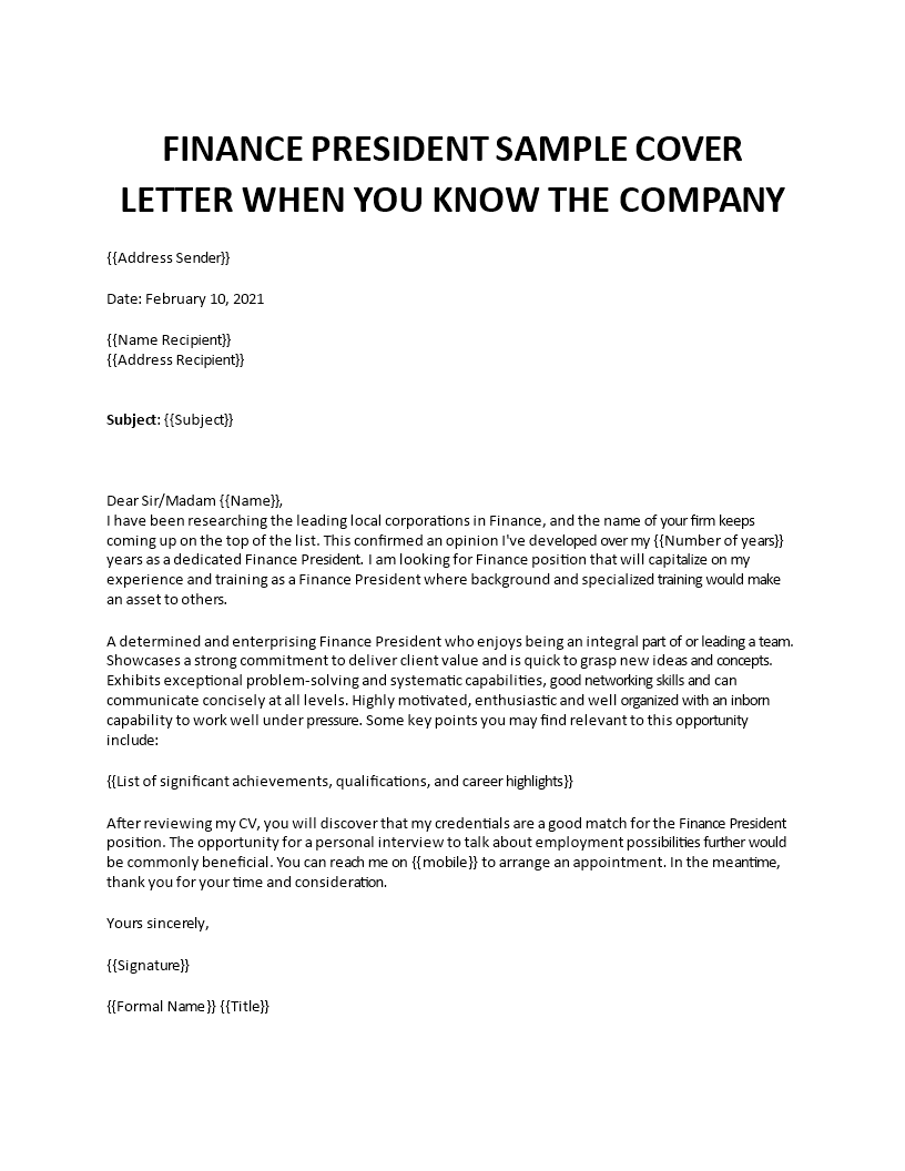 finance president sample cover letter