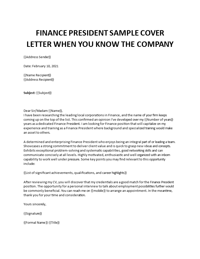 Finance President Sample Cover Letter