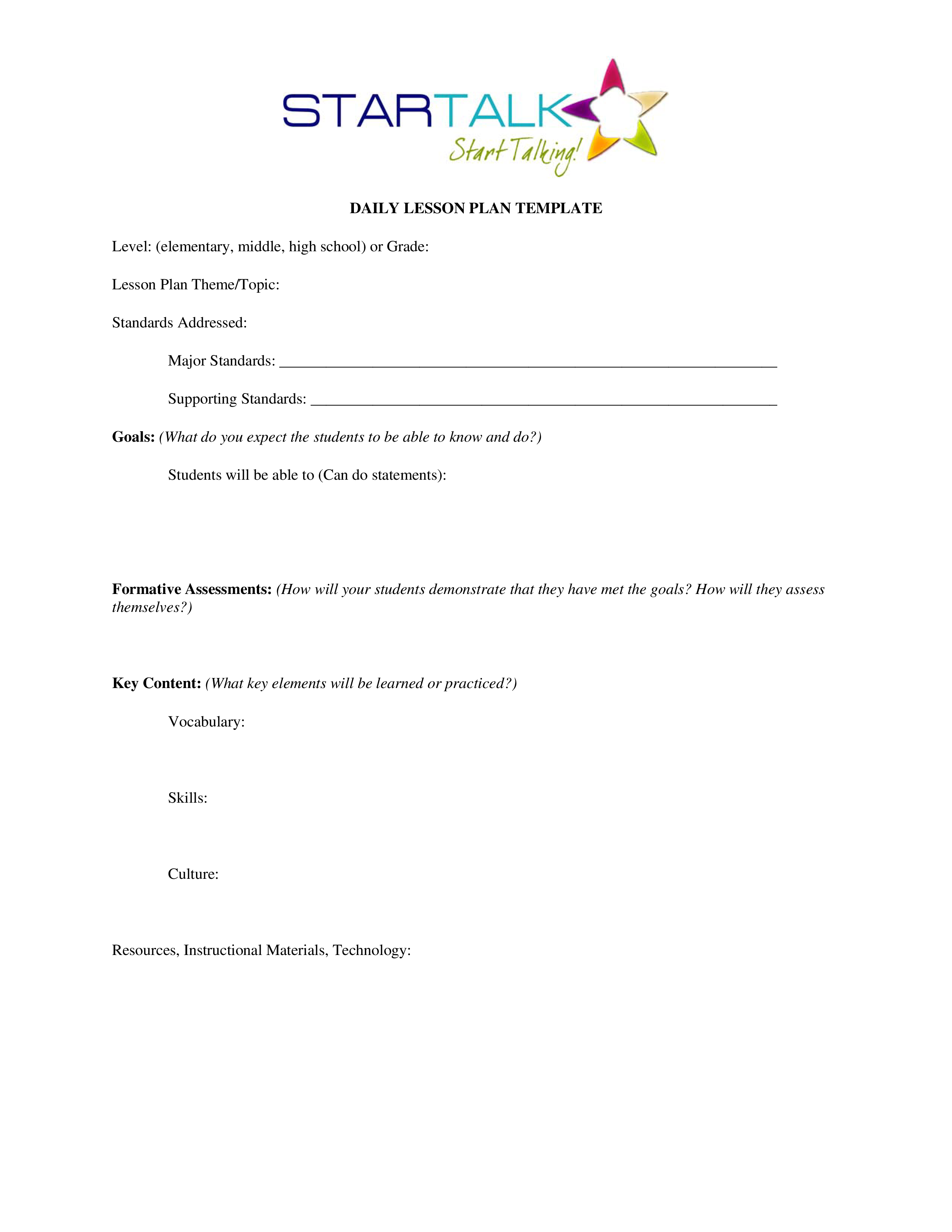 Daily Lesson Plan Template