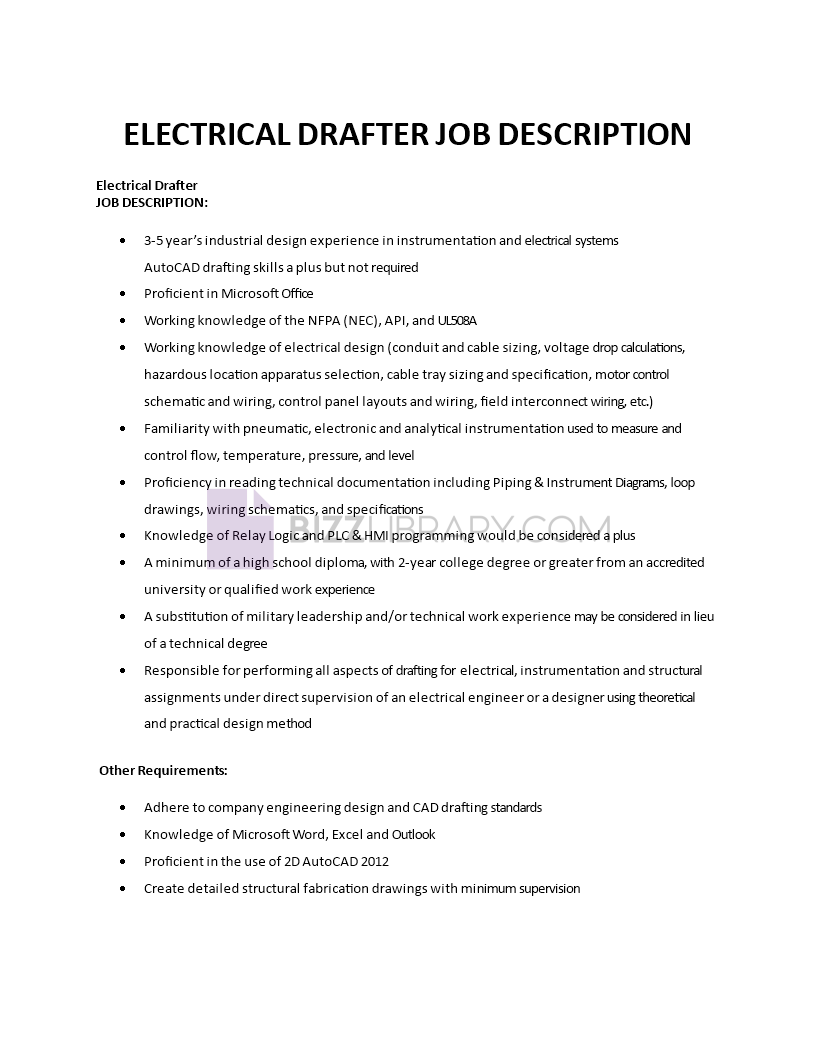 electrical drafter job description example