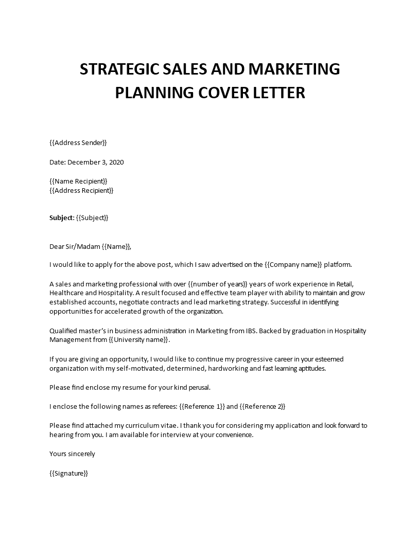 strategic sales planning cover letter