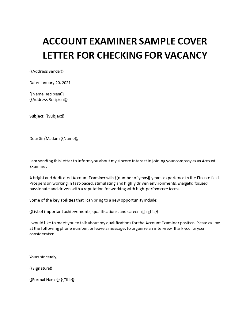 financial examiner job application letter