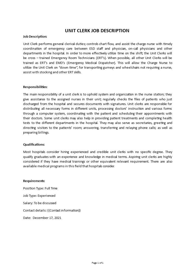 unit clerk job description Main Image unit clerk job description template