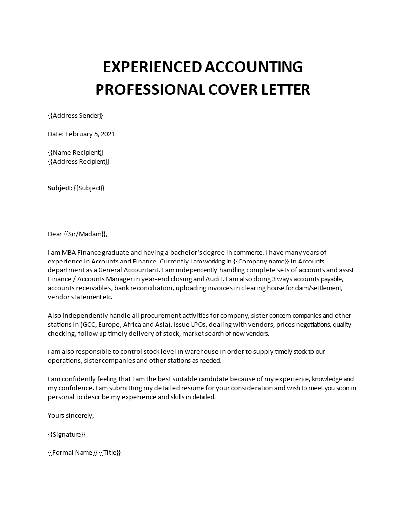 experienced accounting professional cover letter template