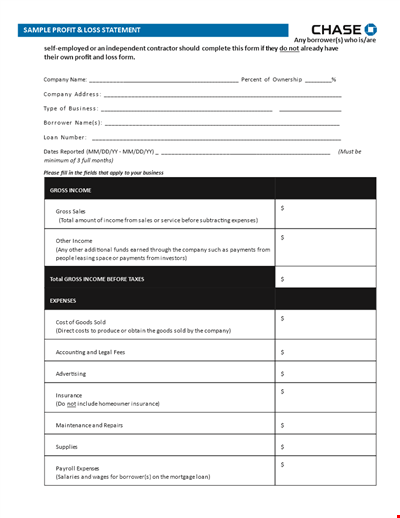 Profit and Loss Statement: Bank, Business, Taxes, Total Income