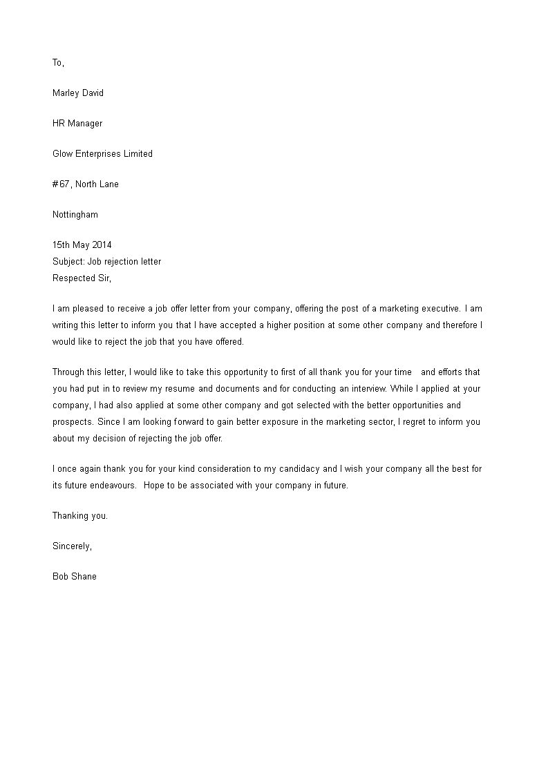 Refusing a Job Offer: Sample Employer Job Refusal Letter Template