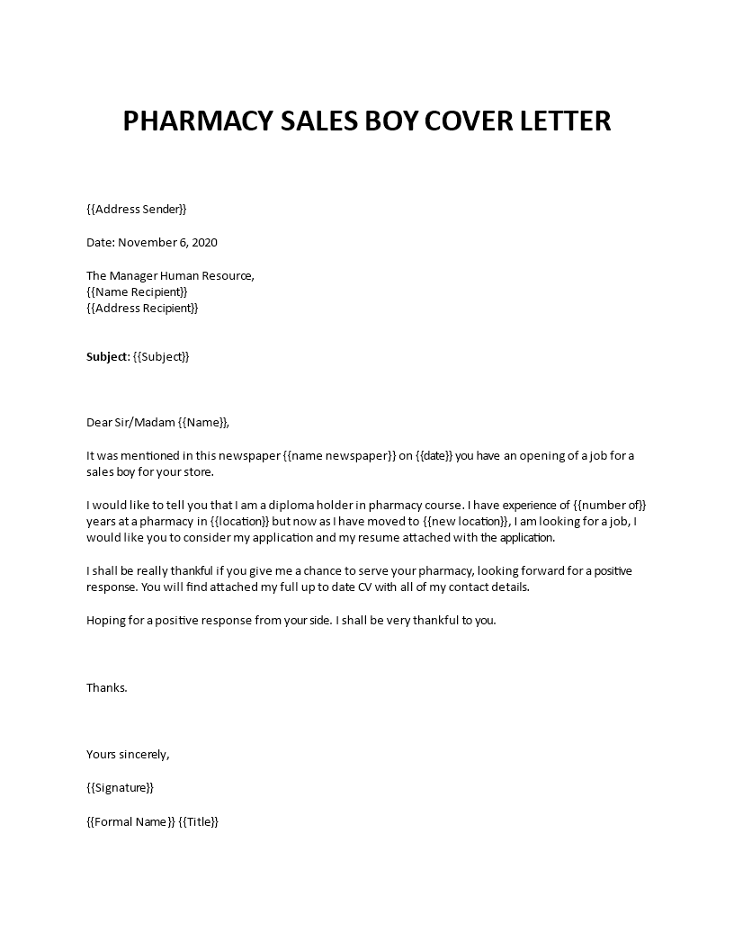 application letter for a sales boy pharmacy
