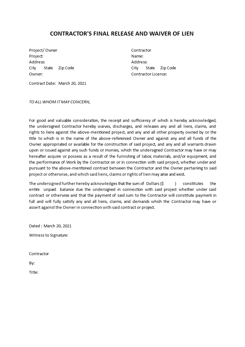 contractor lien waiver form
