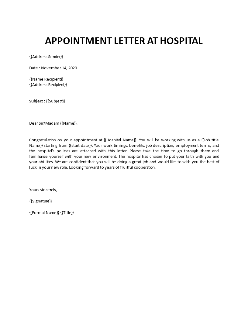 appointment letter for hospital staff template