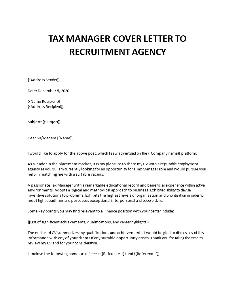 tax manager cover letter to recruitment agency