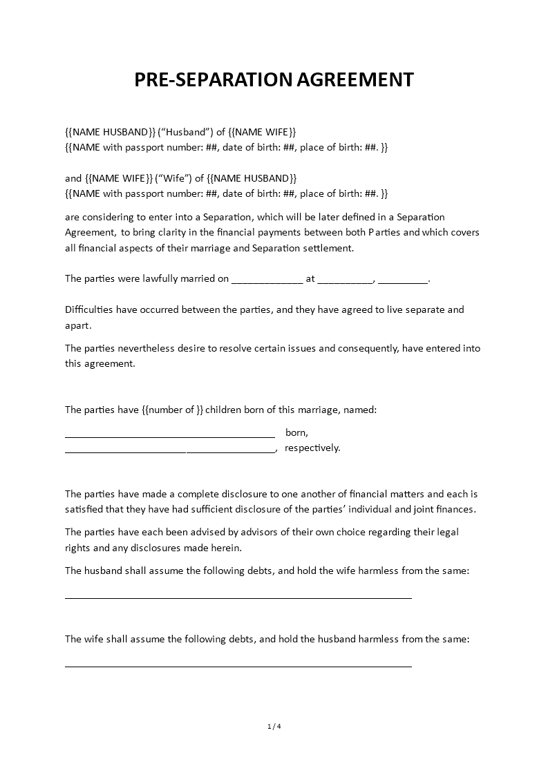 pre divorce agreement template