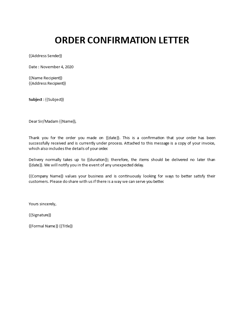 order confirmation letter