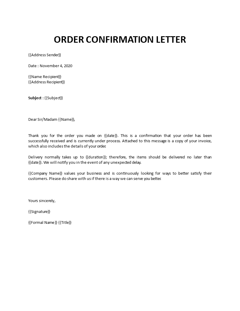 Order Confirmation Letter