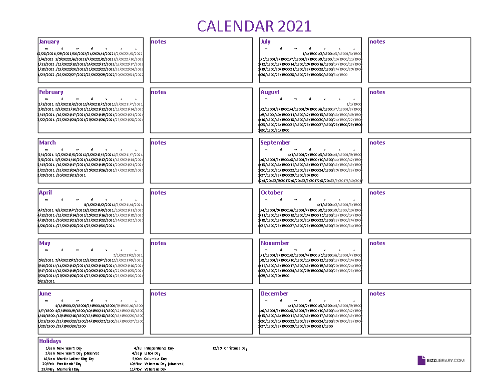 calendar 2021 excel 