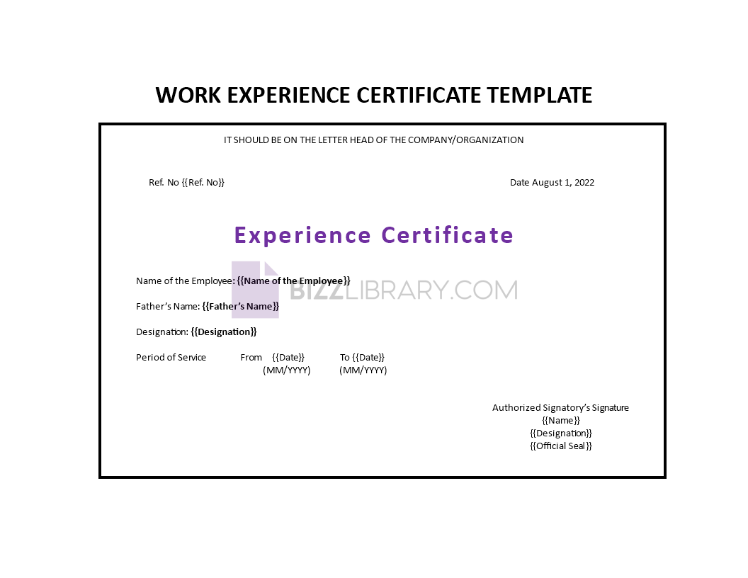 work experience certificate template example