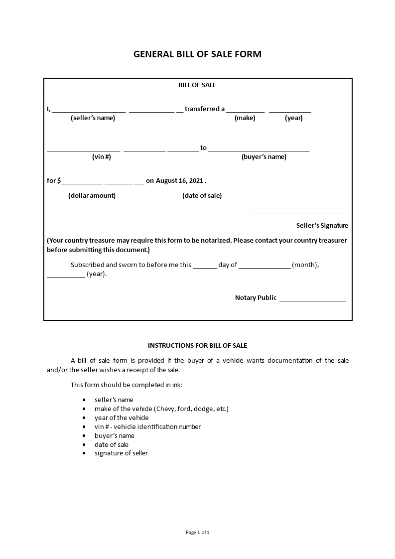 general bill of sale form Main Image general bill of sale form