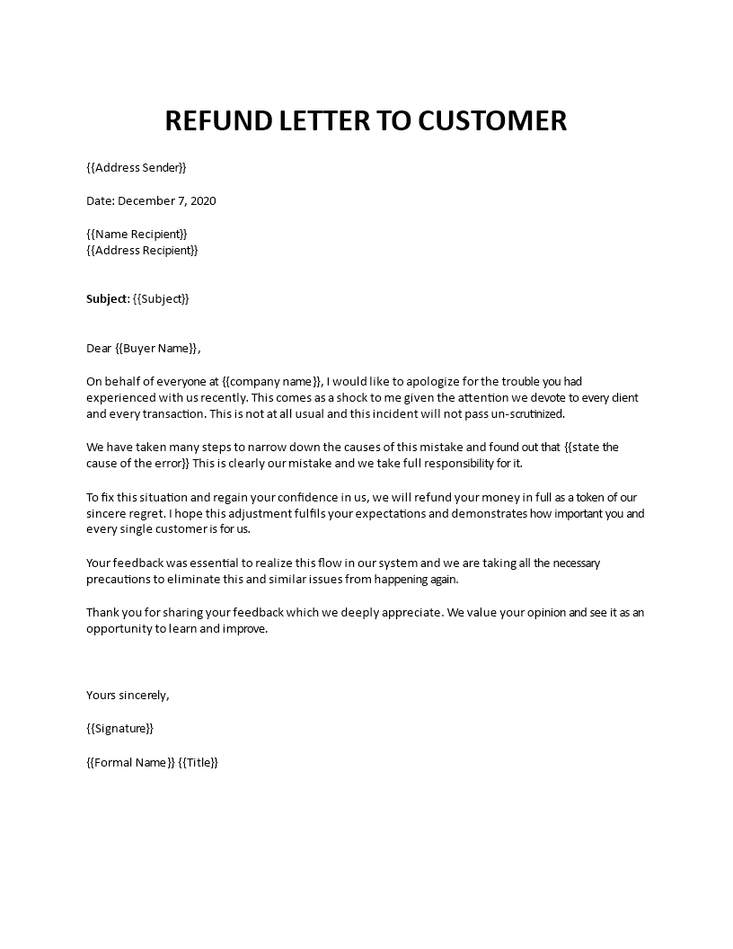 Refund Letter Sample To Customer