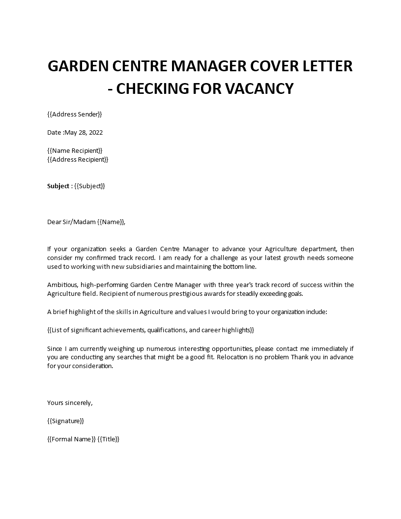 garden center manager cover letter