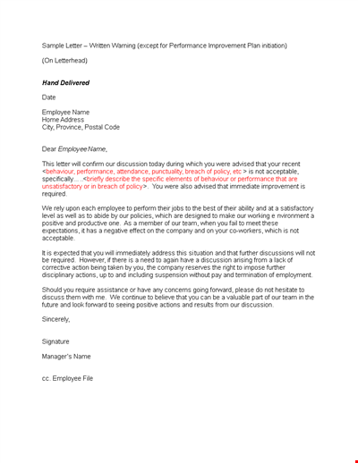 Poor Performance And Attendance Warning Letter Template