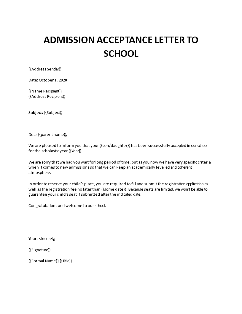 Admission acceptance letter to school For College Acceptance Letter Template