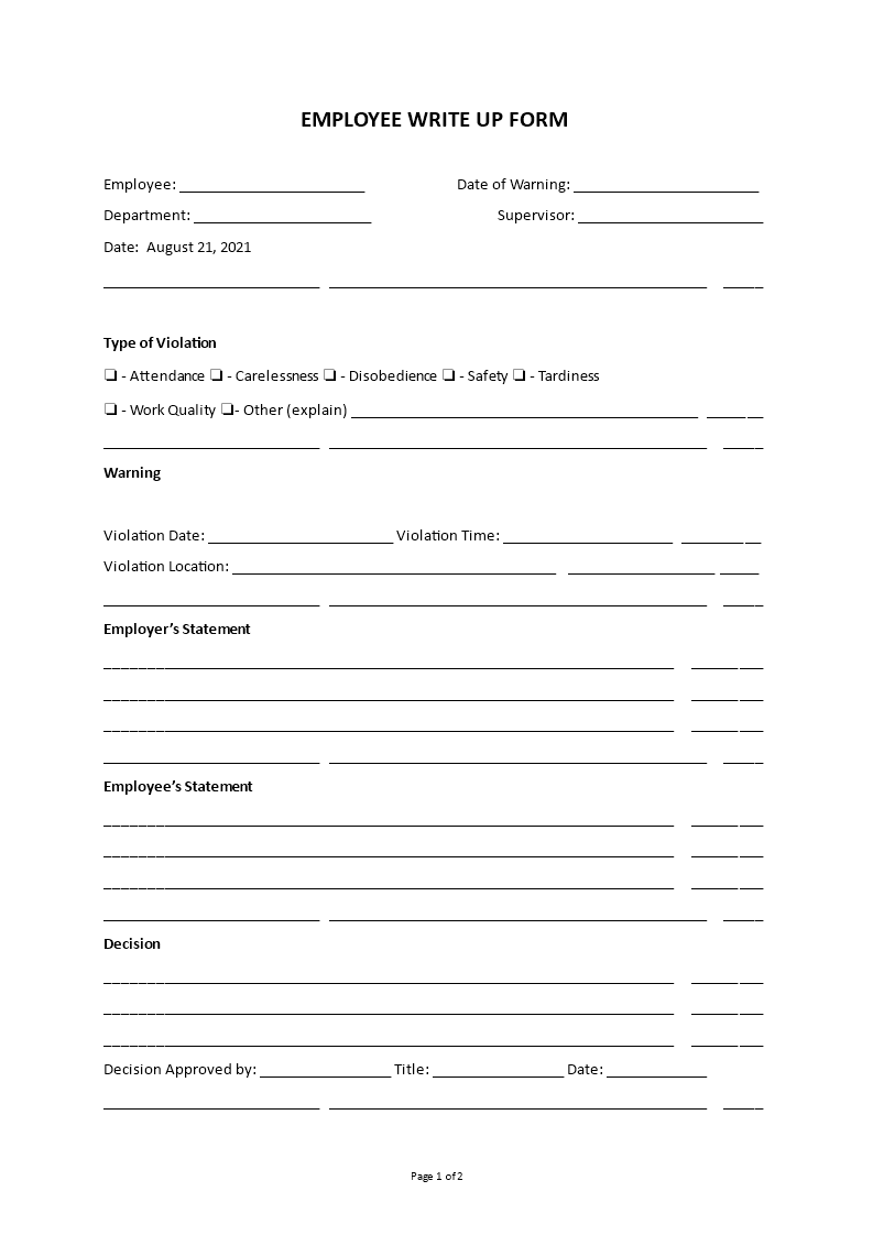employee write up form template