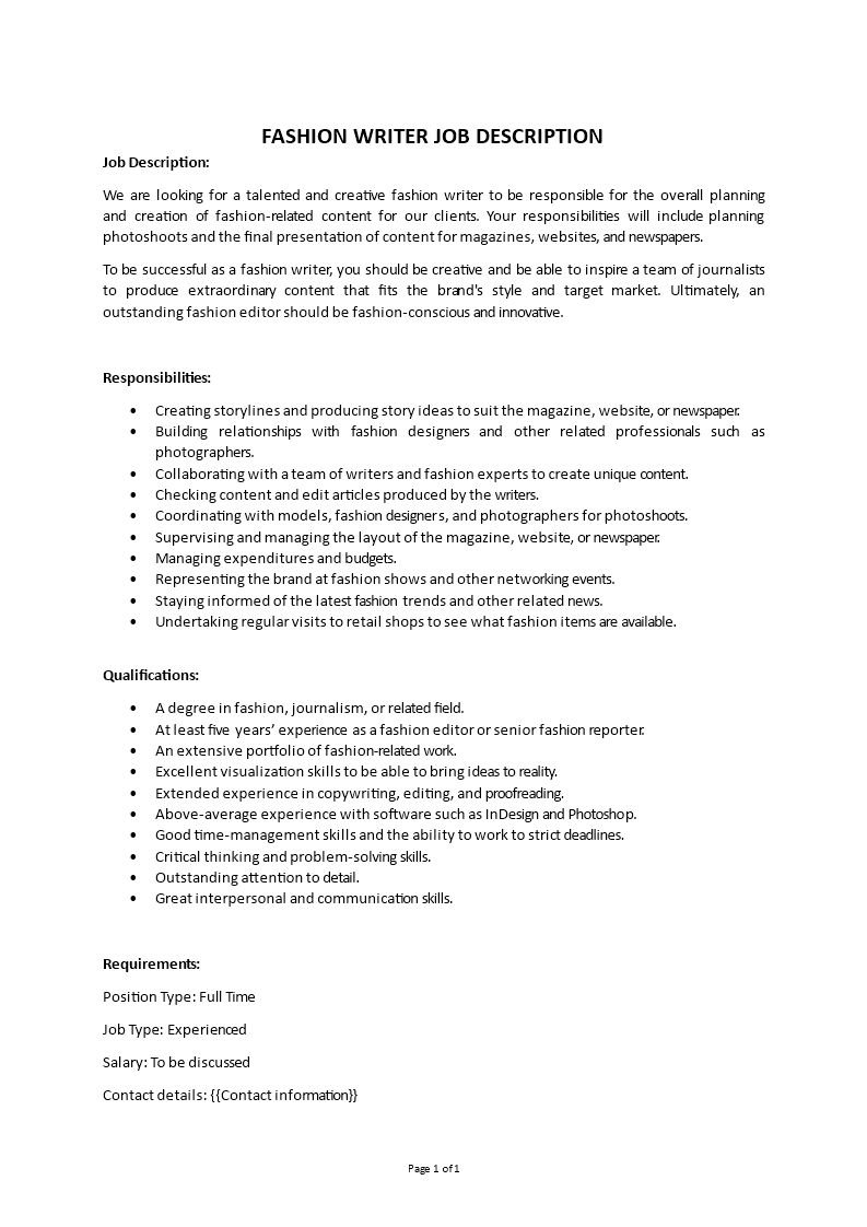 fashion writer job description