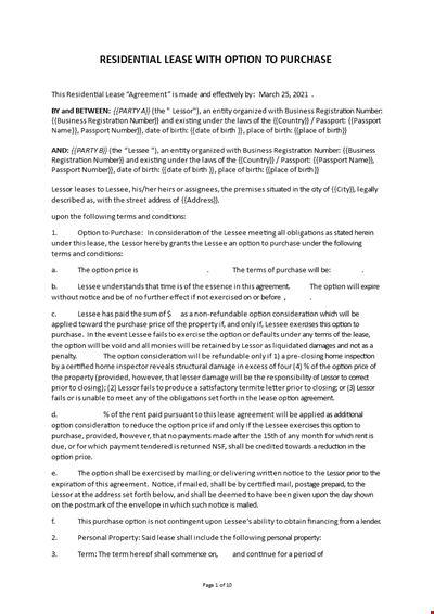 Residential lease agreement with option to purchase