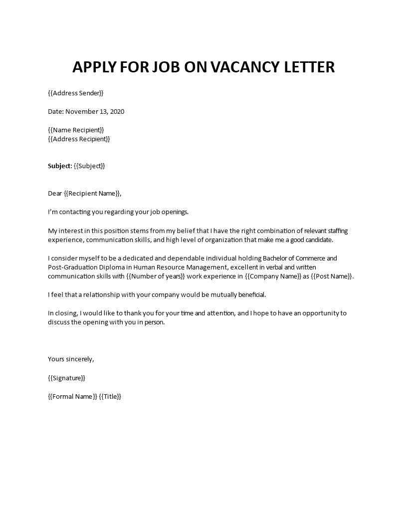 letter of application job template