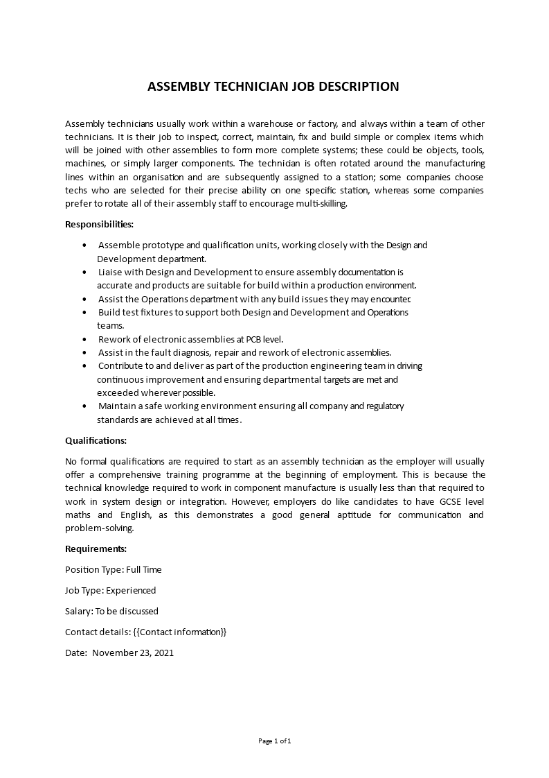 assembly technician job description Main Image assembly technician job description