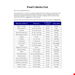 Diet Food Calorie Chart | Track and Manage Calories for Healthy Eating example document template