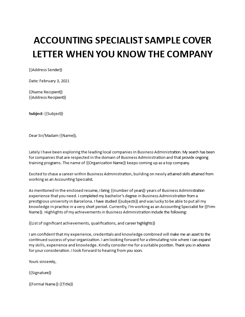 accounting specialist cover letter template