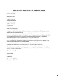 Complaint Response letter Poor Quality