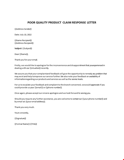 Complaint Response letter Poor Quality