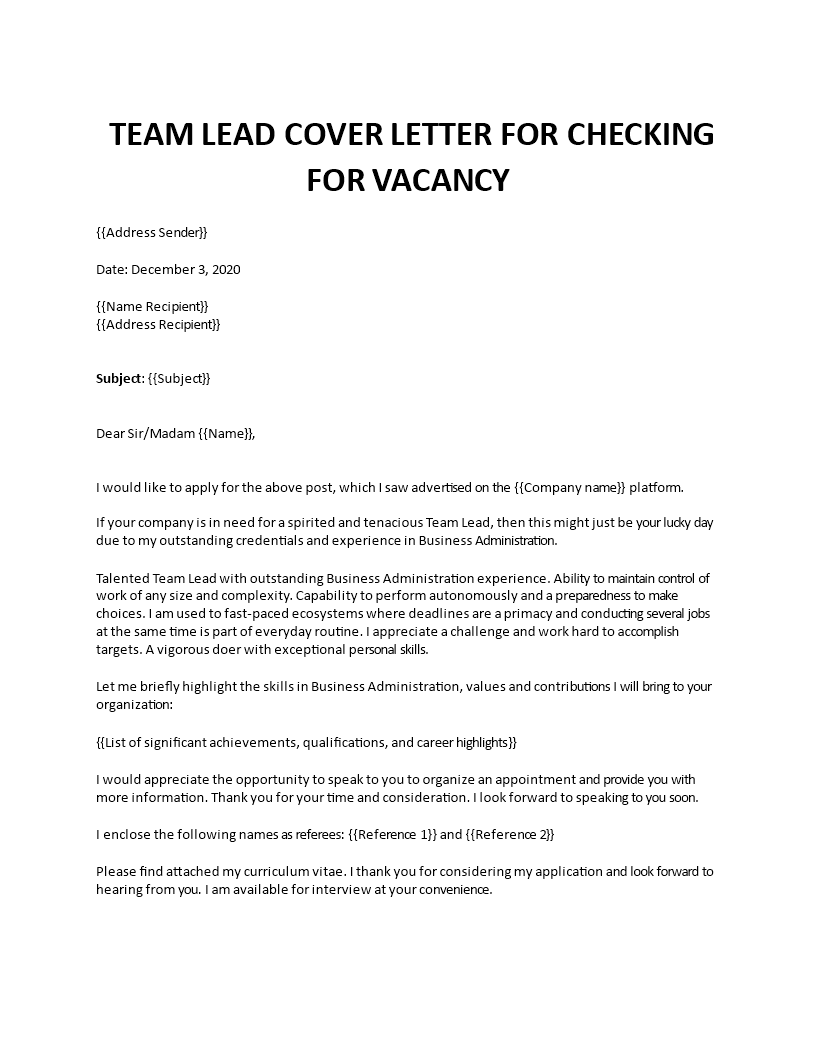 team lead cover letter template