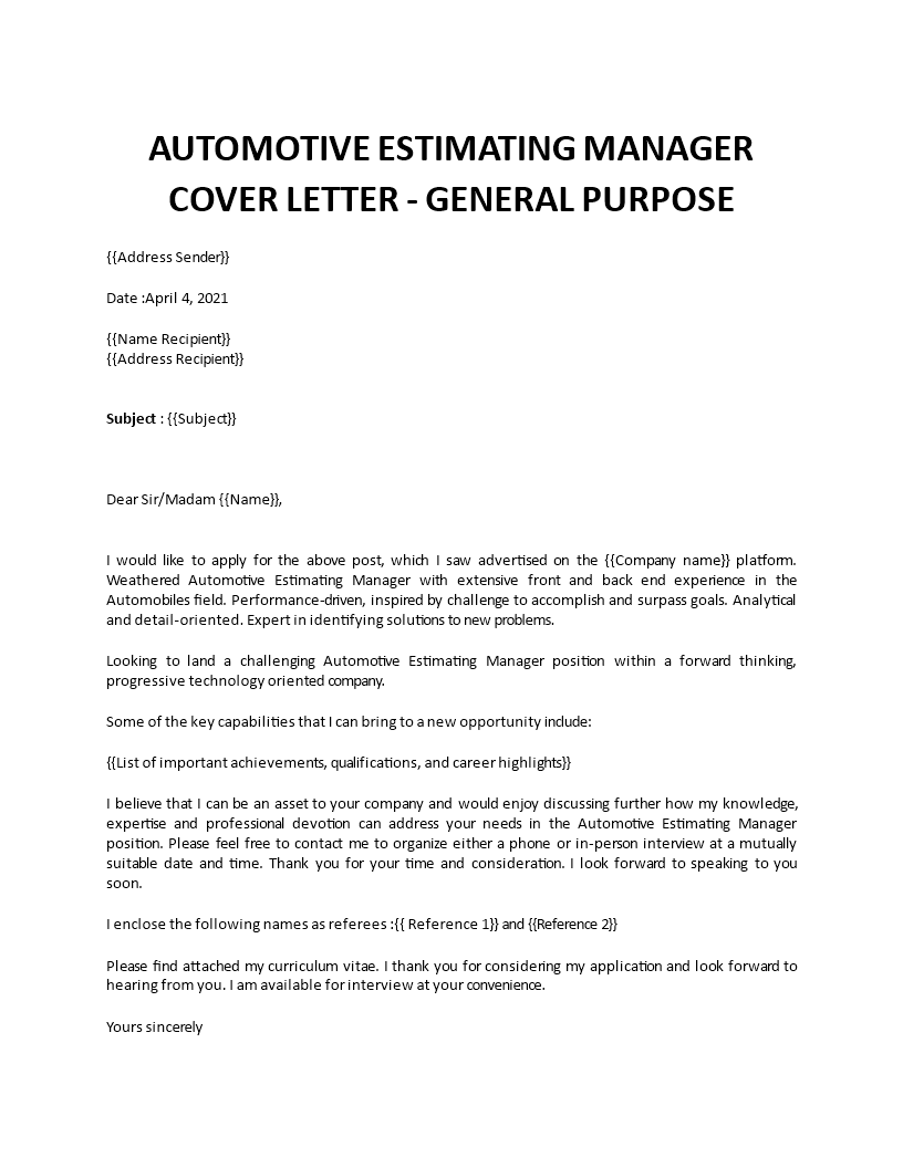 automotive estimating manager cover letter