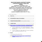 Non Profit Board Agenda | Housing, Corporation, Municipal | Brantford example document template