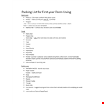 Dorm Room Packing Checklist example document template