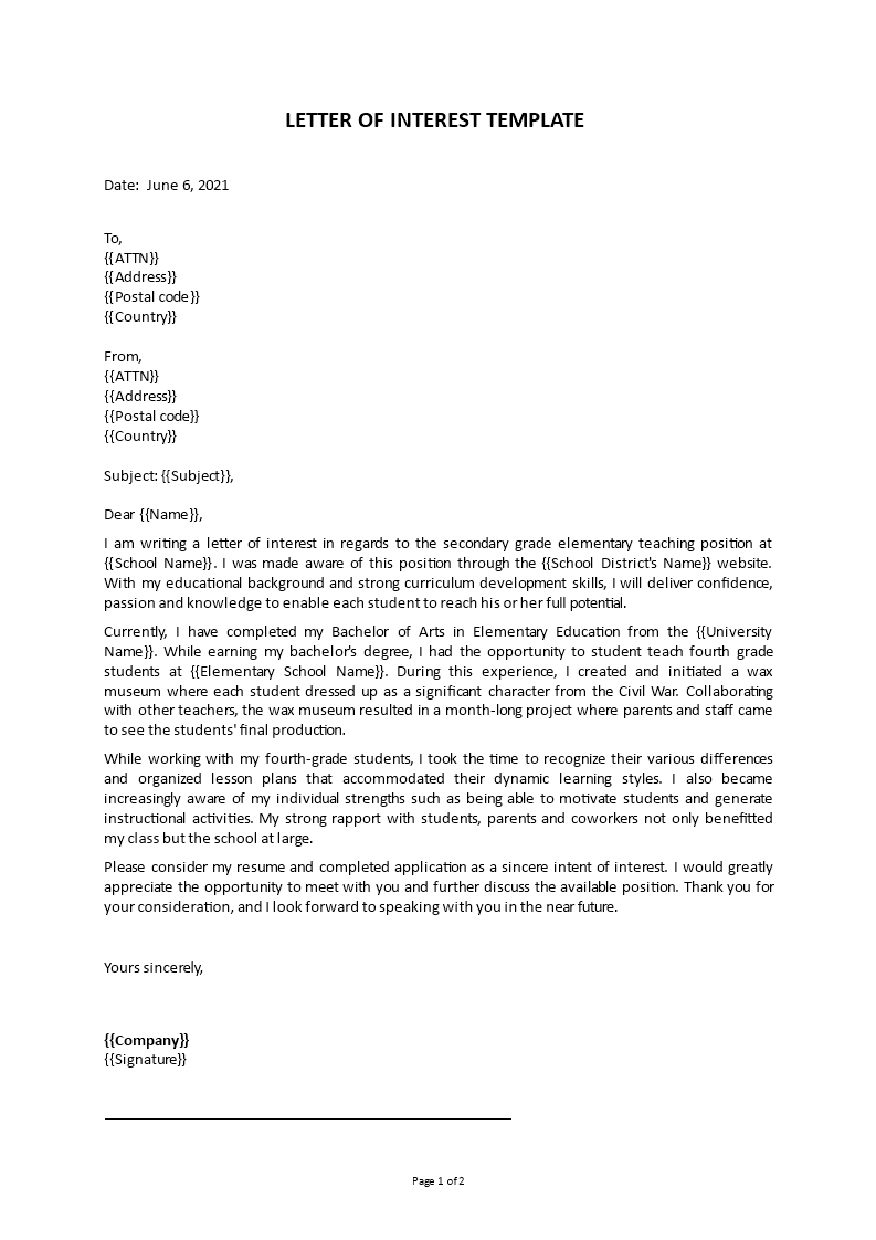 letter of interest example