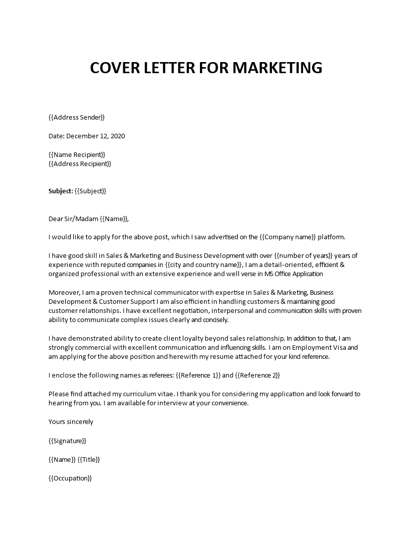 cover letter for marketing template