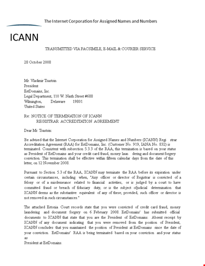 Official Notice of Termination Letter - President, Registrar, ICANN | ESTDomains