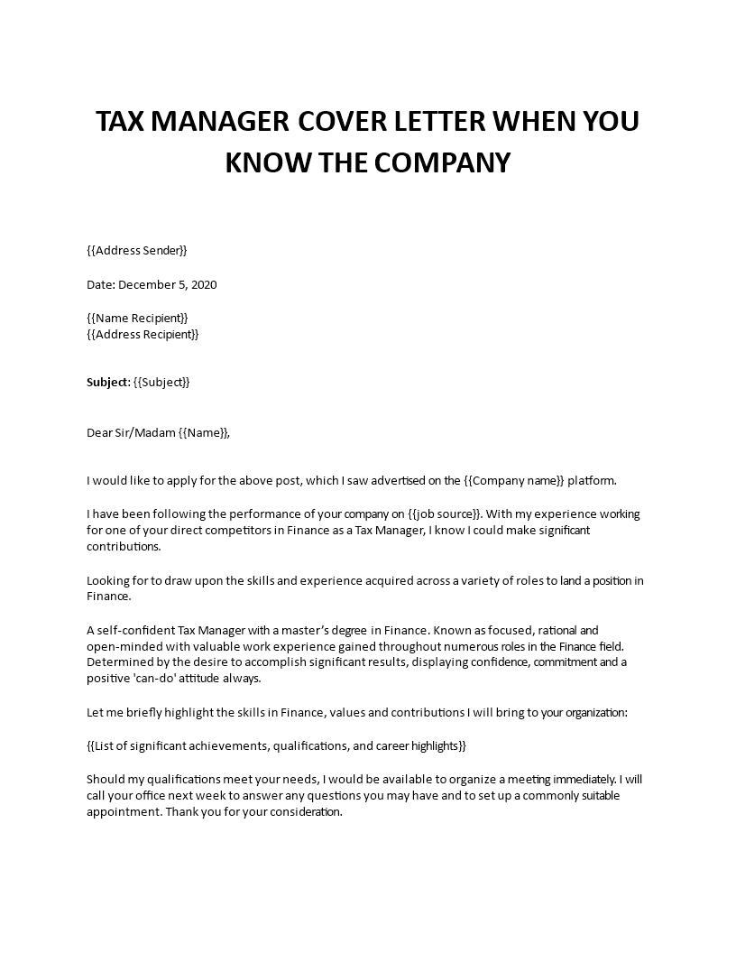 cover letter for tax position template