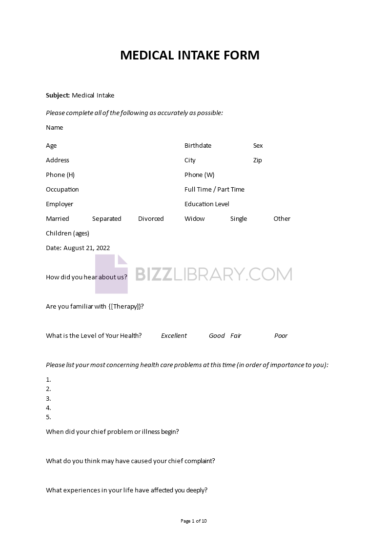 patient intake form template