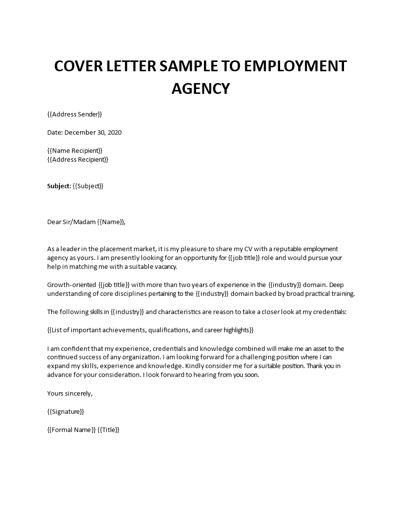 cover letter sample to an employment agency template